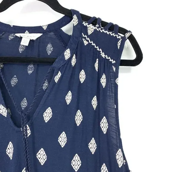 Lucky Brand Top Women's Size L Diamond Print Blouse Sleeveless Blue/White - Picture 3 of 6
